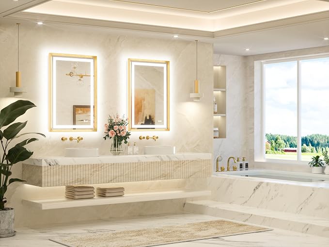 24 x 36 Bathroom LED Mirror Brushed Gold Metal Frame Frontlit & Backlit Vanity Mirror Anti-Fog Stepless Dimmable 3 Colors White/Warm/Natural Mirror with Lights Wall-Mounted
