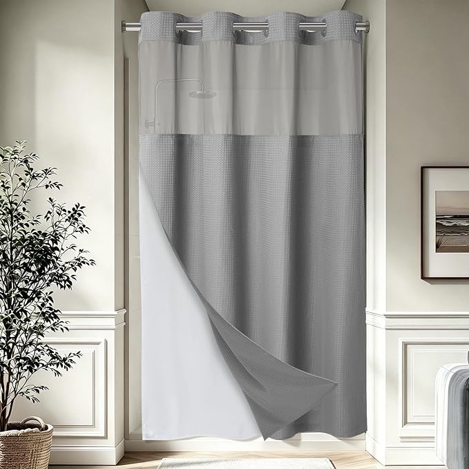 EUTXL Heavyweight No Hook Shower Curtain with Liner, Grey, 60x74 | Snap in Liner, Thick Waffle Fabric, Hotel Quality, Corner Magnets, Waterproof & Washable
