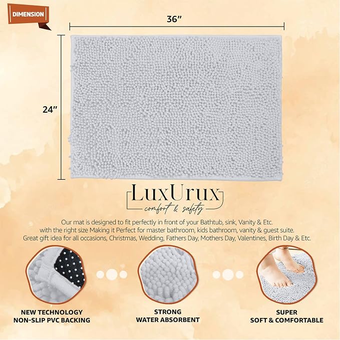 LuxUrux Ultra-Soft Chenille Bath Mat - Plush Microfiber Bathroom Rug, Super Absorbent & Quick-Dry, Cozy Shaggy Design, Machine Washable (24 x 36 inches, White)