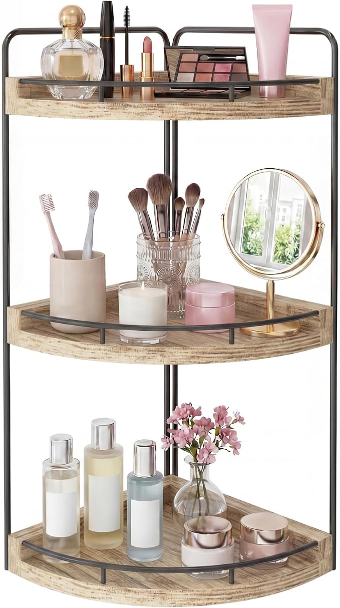 Fixwal 3 Tier Corner Bathroom Countertop Organizer Vanity Shelf Light Brown | Corner Organizer, Rustic Wood Finish, Countertop Storage for Bathroom Essentials, No Install, Compact, Space Saving
