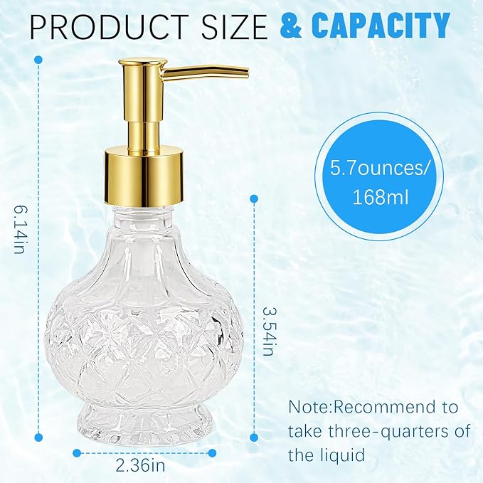 Glass Hand Soap Dispenser Bathroom with Rust-Proof Pump | Small Crystal Soap Dispenser for Kitchen Dish Soap, Hand Soap, Essential Oil & Lotion (New-Clear,Gold-Head)