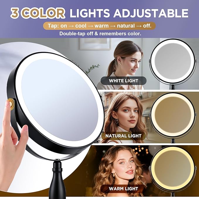 30X Magnifying Mirror with Lights-Matte Black 8" Dual Sided | (1X/30X) Lighted Makeup Mirror, 360° Swivel, 5000mAh Rechargeable Side Touch & Side Charging, 3 Colors & Dimmable Brightness