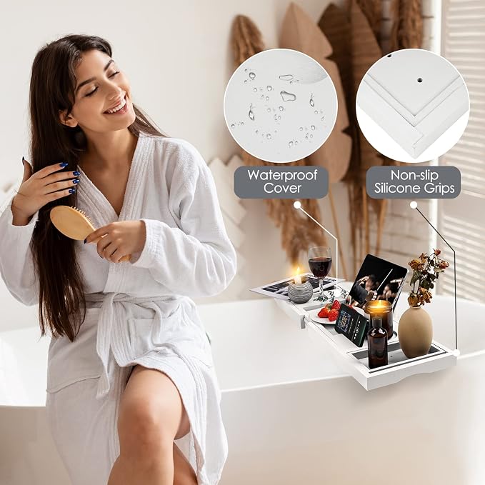 Foldable Bathtub Tray Caddy with Soap Dish Adjustable 29.5-43''White | Bamboo Bath Table Trays with Non-slip Pads, Wine Glass Holder, Adjustable Tablet Book Stand, Spa Bath Essentials Organizer