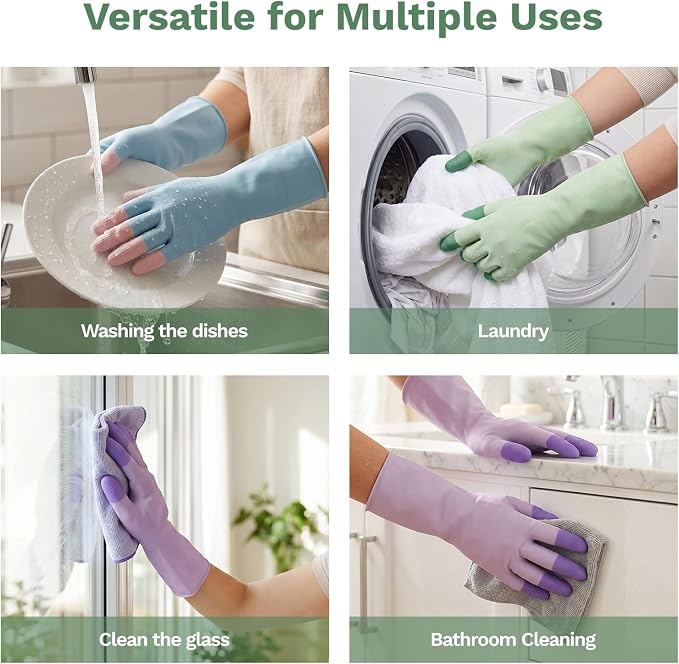 Dishwashing Gloves, Reusable Rubber, Non-Slip Grip, 3 Pair | Waterproof and gentle on the skin, with textured palms. Breathable lining for kitchen, bathroom, and household chores.