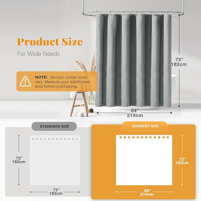 84x72 Wide Linen Textured Waterproof Cloth Shower Curtain, Grey/Gray | Wide Size, 230GSM Polyester, Heavy Duty Fabric, Weighted Hem, 14 Plastic Hooks, Modern Luxury Hotel Style, Machine Washable