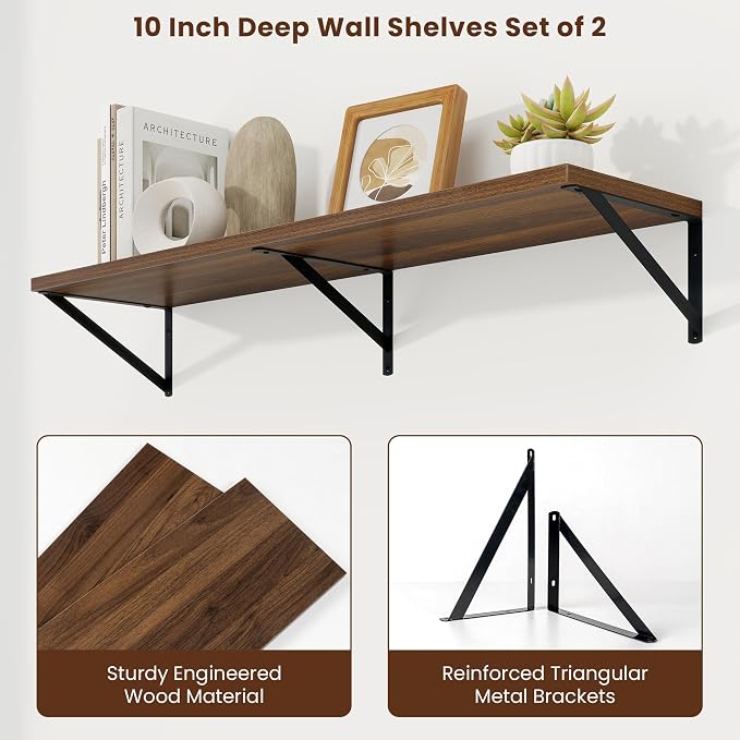 Deep Floating Shelves, 40'' x 10'' Walnut Wall Shelves Set of 2 | 10 Inch Deep Shelves with Heavy Duty Brackets, Rustic Wood Shelves for Bathroom Living Room, Engineered Wood, 40LBS