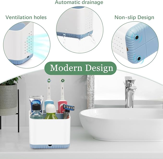 Bathroom Toothbrush Holders, Kids Toothbrush and Toothpaste Holder (Blue) | Easy To Clean, Drainage, Removable, Non-Slip, 4 Slots Tooth Brush Holder for Bathroom Countertop Organizer