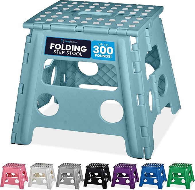 Handy Laundry Folding Step Stool 13 Inch, Teal, Non-Slip Holds 300 lbs | 13 Inch, Teal, Foldable Collapsible Step Stool, Non-Slip, Holds 300 lbs, Kitchen Bathroom Bedroom, Adults