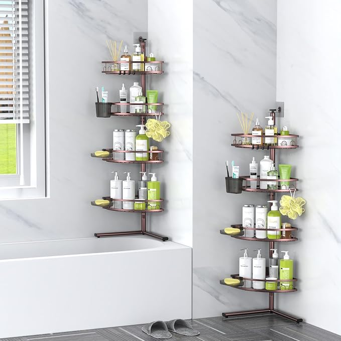 Standing Corner Shower Caddy - Rustproof Bathroom Shower Stand Shelf | 4-Tier No Drill Organizer with Adjustable Baskets, Large Capacity for Tall Shampoo Bottles, Fits Renters Apartments Bathtub