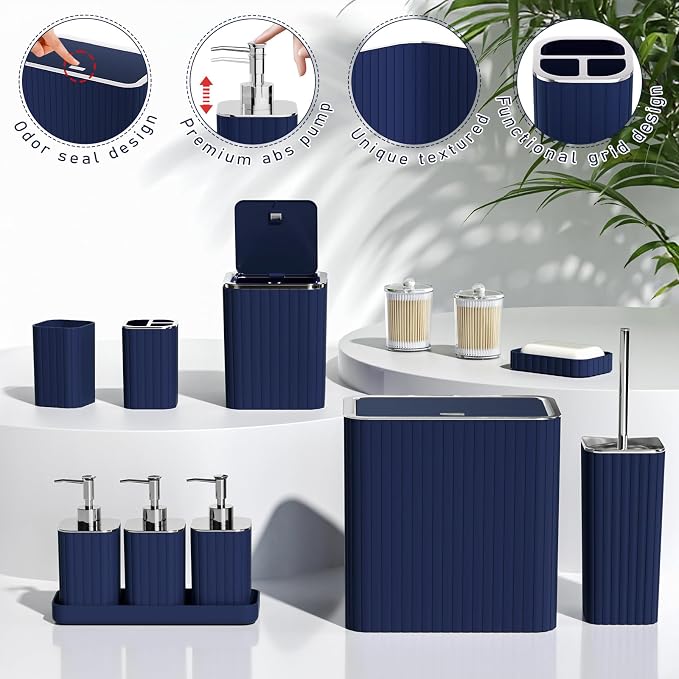 Bathroom Accessory Set - Bathroom Set, 12PC Bathroom Accessories Set, Blue Bathroom Accessories Set, Mini Trash Can, Toilet Brush, Trash Can & Soap Dispenser