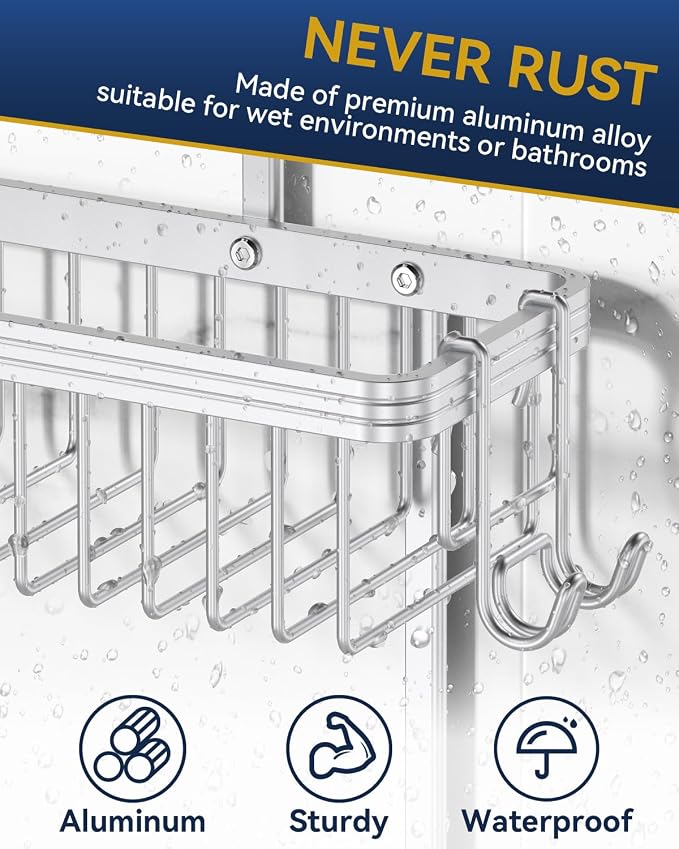 Never Rust Shower Caddy Hanging, Aluminum Shower Racks for Inside Shower, 2-Tier Shower Organizer Hanging Over Shower Head with Hooks and Soap Holder, Silver