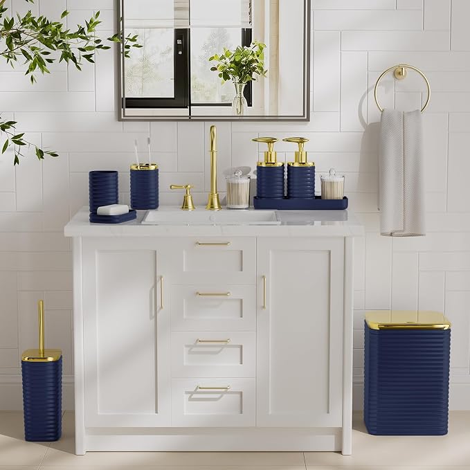 Bathroom Set - 10PC Bathroom Accessory Set, Navy Blue Bathroom Set, Luxury Bathroom Accessories Set, Trash Can, Toilet Brush, Soap Dish, Qtip Holder & Soap Dispenser