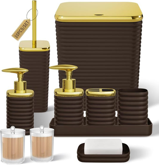 Bathroom Set - 10PC Bathroom Accessory Set, Brown Bathroom Set, Luxury Bathroom Accessories Set, Trash Can, Toilet Brush, Soap Dish, Qtip Holder & Soap Dispenser