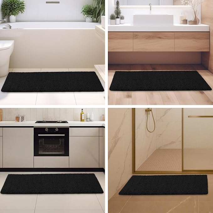 Black Bathroom Rug – Absorbent and Washable Bath Mat, Non-Slip, Thick Soft Chenille Bath Rugs for Bathroom Floor, Shower, Sink - 26" x 44"