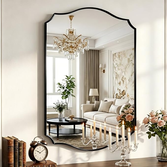 Black Vanity Wall Mirror 30"x22", Scalloped Edge Bathroom Mirror | Rust-Proof Metal Frame, Hangs Vertically/Horizontally, Decorative Bathroom Mirror, For Vanity, Bedroom & Entryway
