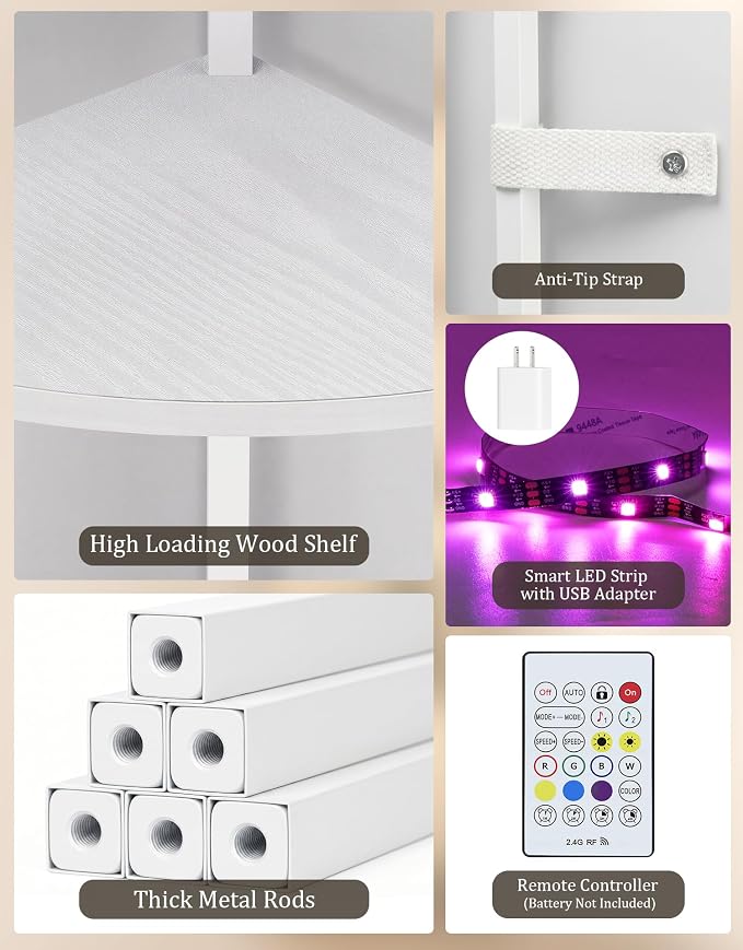 Corner Shelf with LED Light, 5 Tier Smart Color Changing Floor Lamp with Remote, 62" Display Shelf Bookshelf Narrow Storage Rack Standing Lamp for Living Room Bedroom Home Office Decor, White