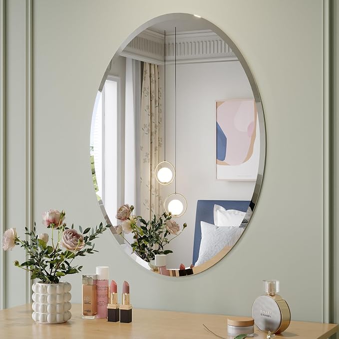 Frameless Oval Mirror, 22x30 Inch Beveled Bathroom Mirrors for Over Sink, Tempered Glass Oval Mirrors for Vanity, Living Room, Bedroom, Entryway