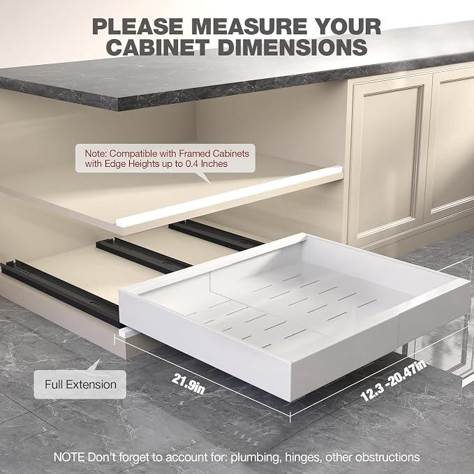 Seinloes 4 Pack Pull Out Cabinet Organizer 22" Deep,Full Extension 3 Slide Rails Slide Out Drawers With Raising Pad for Framed Cabinets,Expandable Width (12.3"-20.5"),No Drill Roll Out shelf,White