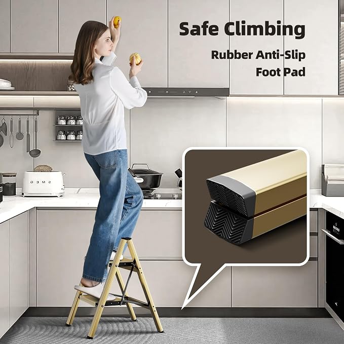 HillhutApex Aluminum Step Stool Foldable,2 Step Ladder (Gold) | Lightweight Portable step ladder with Anti-Slip Wide Pedal,330lbs Capacity Ladder for Household,Office,Kitchen