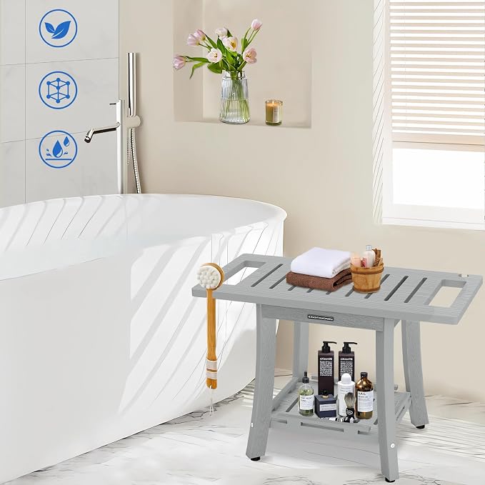 KingPavonini HDPS Shower Bench for Inside Shower to Sit on, 25.2'', Grey | Waterproof Shower Stool for Shaving Legs, 450 lb, Bathroom Chair Seat with Storage Shelf, for Tub/Outdoor Use, Quick Assembly
