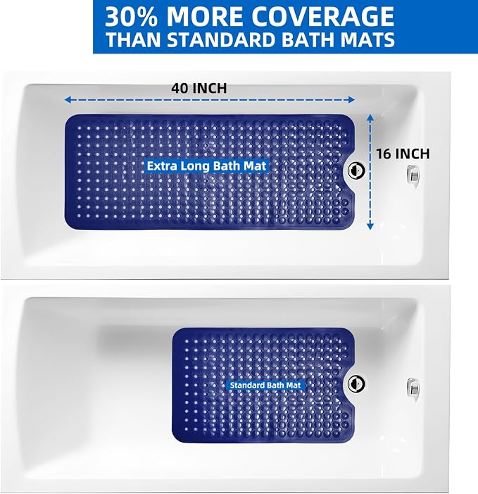 MOONFLY Shower and Bathtub Mat, 40x16 Inches, Navy Blue | Extra Long Non Slip Mats with Suction Cups,Drain Holes, Machine Washable ,Anti Slip Bathmats, Bathroom Mats for Tub Nonslip