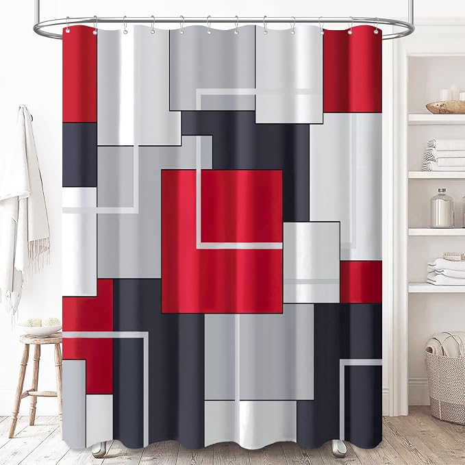 72 x 96 Long Modern Geometric Waterproof Fabric Shower Curtain, Red | Extra Tall, Premium Polyester, Weighted Hem, 12 Plastic Hook, Vibrant Color, Wrinkle-resistant, Quick-Dry, Machine Washable