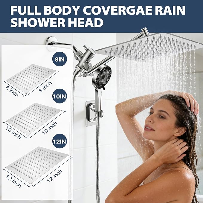 Shower Head, Rain Shower Head with Handheld Spray Combo, 8 Inch Adjustable High Pressure Rainfall Shower Head, Dual Showerhead Set with Extension Arm