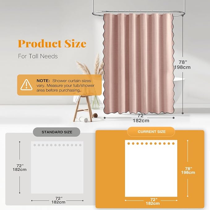 72x78 Boho Scalloped Linen Textured Cloth Shower Curtain, Blush Pink | Long Size, 230GSM Waterproof Polyester, Heavy Duty Fabric, 12 Plastic Hooks, Elegant Modern Farmhouse Style, Machine Washable