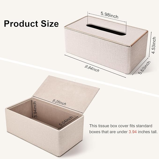Tissue Box Cover, PU Leather Tissue Box Holder, Rectangular Tissue Box Covers for Kleenex, Napkin, Rectangle Tissue Holder for Bathroom Home Office 9.84"X5.23"X3.77" Beige