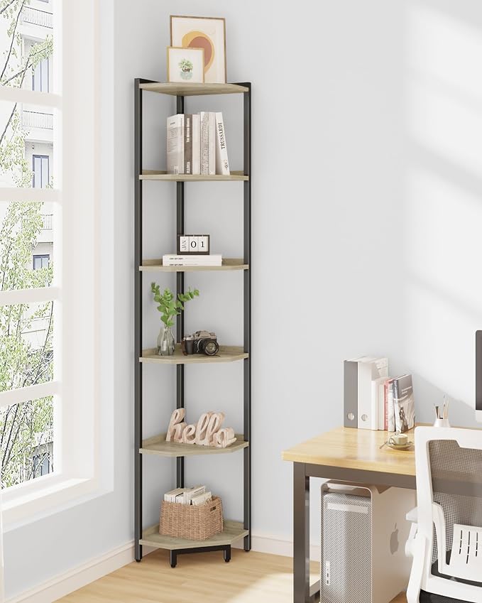 Hzuaneri Corner Shelf Stand 6-Tier Corner Bookshelf Storage Standing Shelf | Bookcase Plant Stand with Metal Frame for Living Room, Home Office, Bedroom, Greige CS06005B