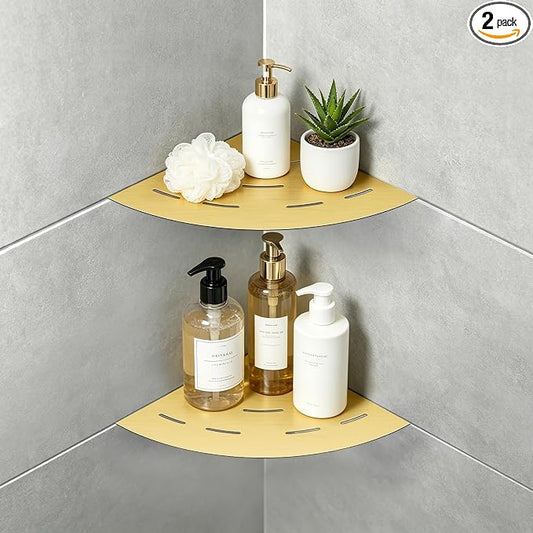 soaez Brushed Gold Corner Shower Shelf, SUS304 Stainless Steel Recessed Bathroom Shower Shelves, No Drilling Grout Mount Shelf for Shower, Bathroom Accessories (8", 2Pack)