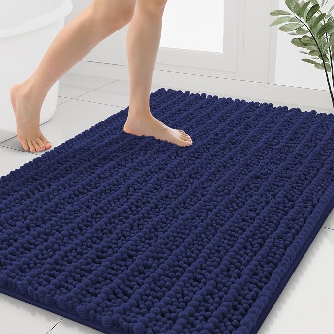 Smiry Bathroom Rugs 40X32, Extra Soft Rubber Backing Chenille Bath Mats | Deep Blue Machine Washable Non Slip Quick Dry Bath Mats for Bathroom Floor, Tub, Shower, Home Decor Accessories
