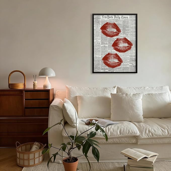 Black White Newspaper Canvas Wall Art Fashion Red Kiss Lips Aesthetic Poster 16X24 inch Black Framed Trendy Girly Sexy Canvas Prints for Bar Cart Makeup Room Wall Decor