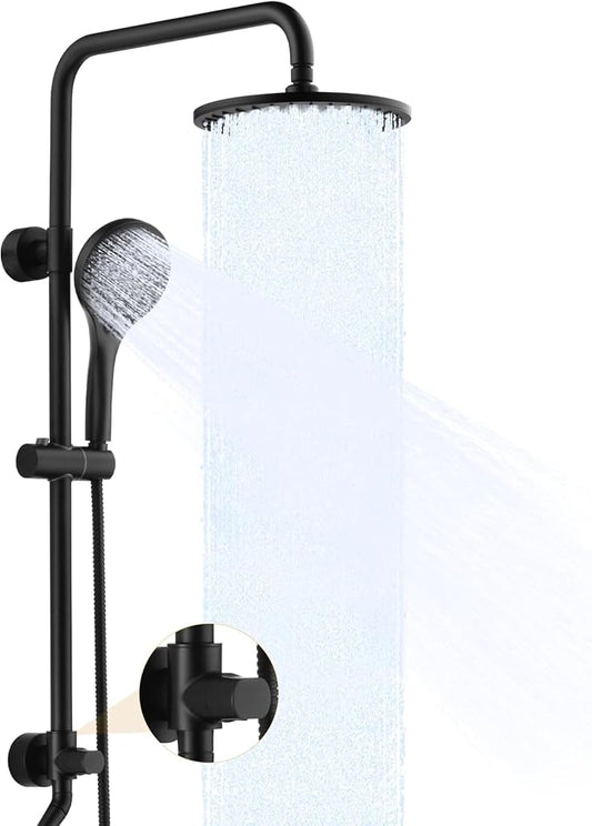 BRIGHT SHOWERS Rain Shower System Combo - 9 Inch Rainfall & Handheld Shower Heads with Power Wash, Solid Brass Rail, Height Adjustable Holder, 60 Inch Long Stainless Steel Hose, Matte Black