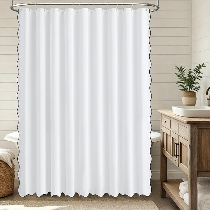 108x72 Boho Scalloped Linen Textured Cloth Shower Curtain Set, White | Extra Wide Size, 230GSM Waterproof Polyester, Heavy Duty Fabric, 18 Plastic Hooks, Modern Farmhouse Style, Machine Washable