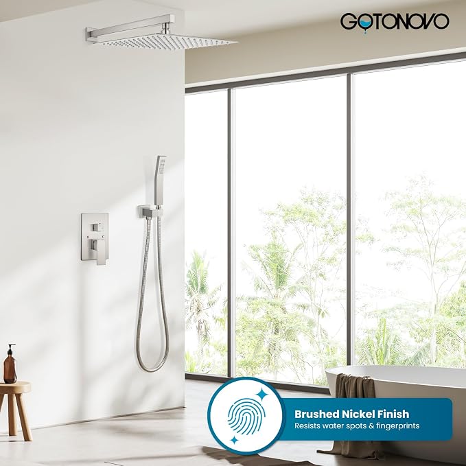 gotonovo Shower Faucet Set with Handheld Spray Brushed Nickel,16'' Head | SUS304 Rainfall Shower Head and Handle Set System Fixture,Pressure Balance Valve Trim Kit,Single Handle,Wall Mount,All Metal