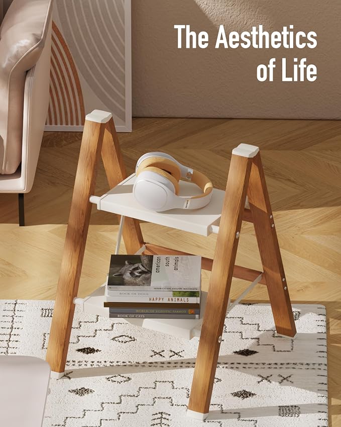 Mayi Plus 2 Step Stool Foldable, Aluminum, Lightweight Step Ladder | Extra-wide anti-slip folding steps with 330 lbs, for home,kitchen,office,outdoor,White & Woodgrain