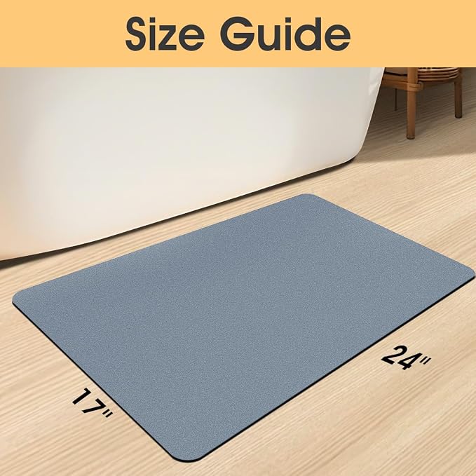 Non Slip Bath Mat, Thin Bathroom Rugs Fit Under Door, Quick Dry Bath Mats, Machine Washable Bath Rugs for Bathroom, Bathtub & Kitchen, Haze Blue/Upgraded Solid/24 x17