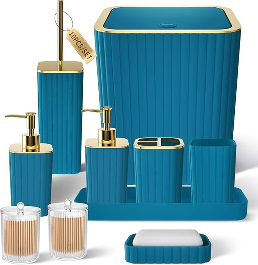 XLHOMO Bathroom Accessories Set - Gorgeous Bathroom Set, 10PC Teal Bathroom Accessory Set, Toilet Brush, Trash Can, Qtip Holder Dispenser & Soap Dispenser