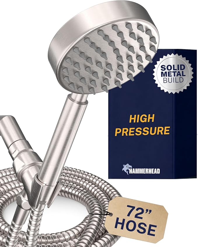 HammerHead Showers® Solid Metal Handheld Shower Head with Hose and Brass Holder - BRUSHED NICKEL - 2.5 GPM High Pressure Shower Heads with Adjustable Shower Wand Bracket - 6ft Flexible Extension