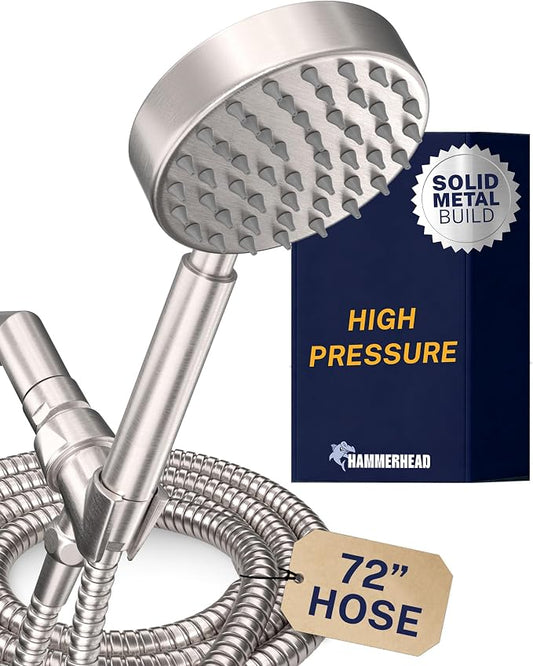HammerHead Showers® Solid Metal Handheld Shower Head with Hose and Brass Holder - BRUSHED NICKEL - 2.5 GPM High Pressure Shower Heads with Adjustable Shower Wand Bracket - 6ft Flexible Extension