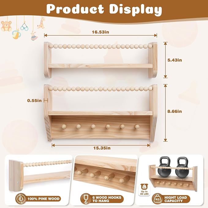 Nursery Floating Shelves for Kids Rooms – 16 Inches Floating Wall Bookshelves, Space - Saving for Kids Room, Bedroom and Study Room,Set of 3 (Pre-Strung Bead Strings)