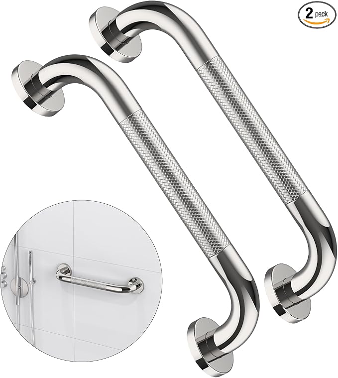 ZUEXT 2 Pack 12 Inch Chrome Anti Slip Shower Grab Bar with Knurled Grip | Bathroom Balance Support Rail, Assist Handle for Handicap, Elderly, Seniors, Wall Mount Stainless Steel Bath Safety Handrail
