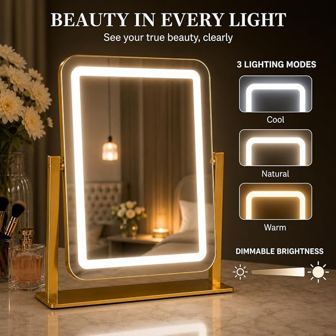 HNV 15" x 13" Gold Lighted Makeup Mirror | Compact gold desk mirror for dorm makeup, foundation checks, eyeliner, brows, mascara and skincare.