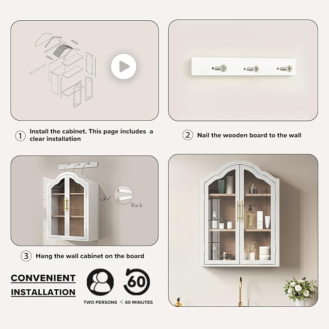 FIMELLO 47.2’’W Wave Design Arched Wall Cabinet, Bathroom Cabinet with Glass Doors Adjustable Shelf, Above Toilet Cabinet, Kitchen Wall Cabinet, Wall Bookshelf, White Grain
