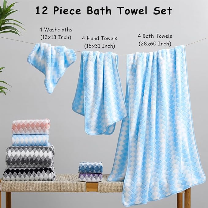 12 Pcs Blue White Diamond Towel Set-4 Bath Towels,4 Hand Towels,4 Washcloths Soft Polyester Towels with Loop Absorbent Shower Towel Quick Dry Beach Chair Towel Family Towels for Bathroom Spa Gym Pool