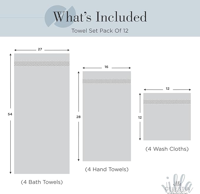 Villa Celestia 12-Piece 100% Cotton Towel Set, 4 Bath Towels, 4 Hand Towels, 4 Wash Cloth, Quick-Dry, Blue