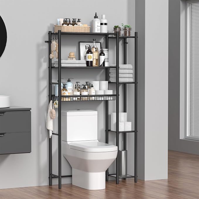 Hodonas Over The Toilet Storage Shelf - Bathroom Organizer Rack with 7-Tier Shelves, Adjustable Metal Shelf Above Toilet for Storage, Freestanding Bathroom Space Saver, Black