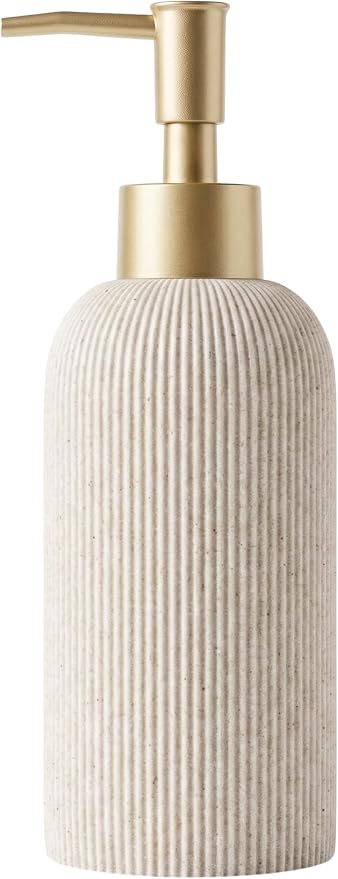 Sand Beige Hand Soap Dispenser with Matte Gold Pump, 7 oz | Luxury Farmhouse Boho Zen Style, Sandstone Finish, Lotion & Dish Soap Dispenser for Bathroom and Kitchen