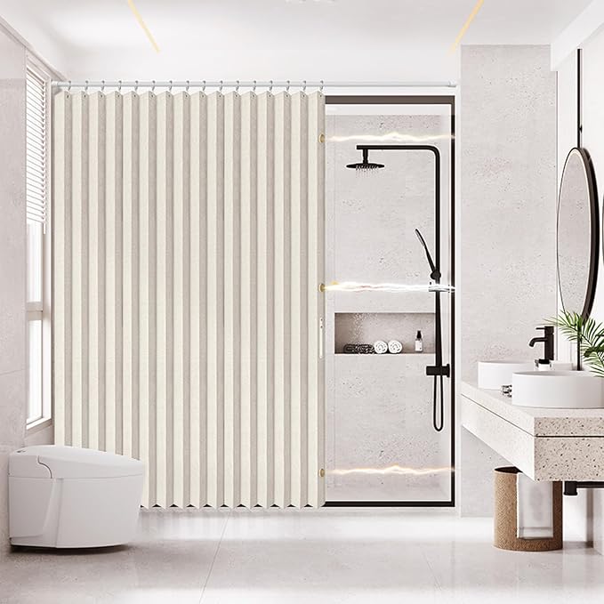 AJAZZ Magnetic Folding Shower Curtains Fabric Polyester Material Waterproof Shower Curtain Suitable for Family Hotel Homestay (Natural,77" W x 78" L) 1 Panel